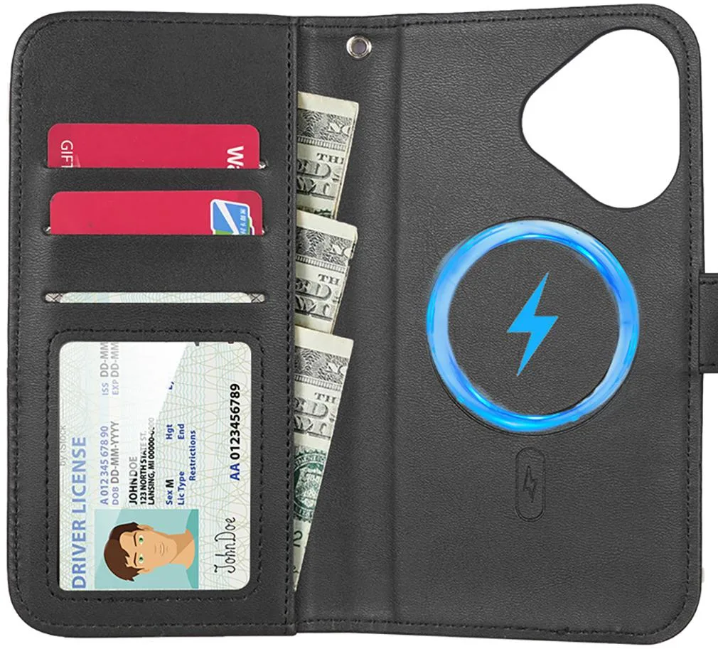 Nakedcellphone Nakedcellphone Black Leather Wallet with Strap for iPhone 17 MagSafe Cases — product photo