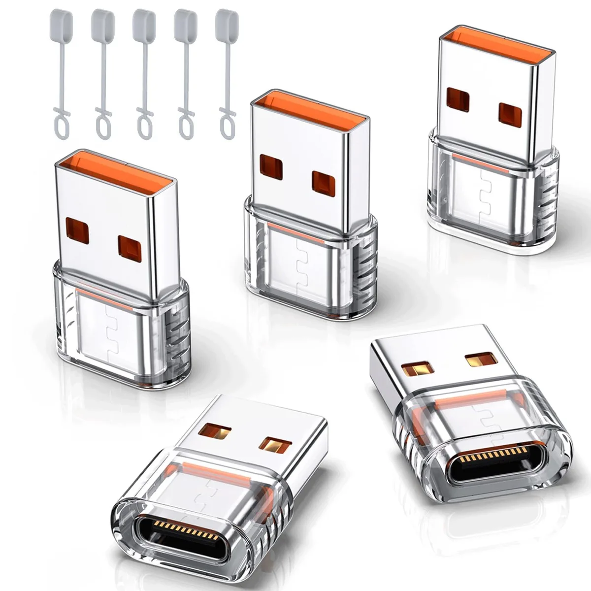 Five tiny crystal-clear USB-A to USB-C female adapters