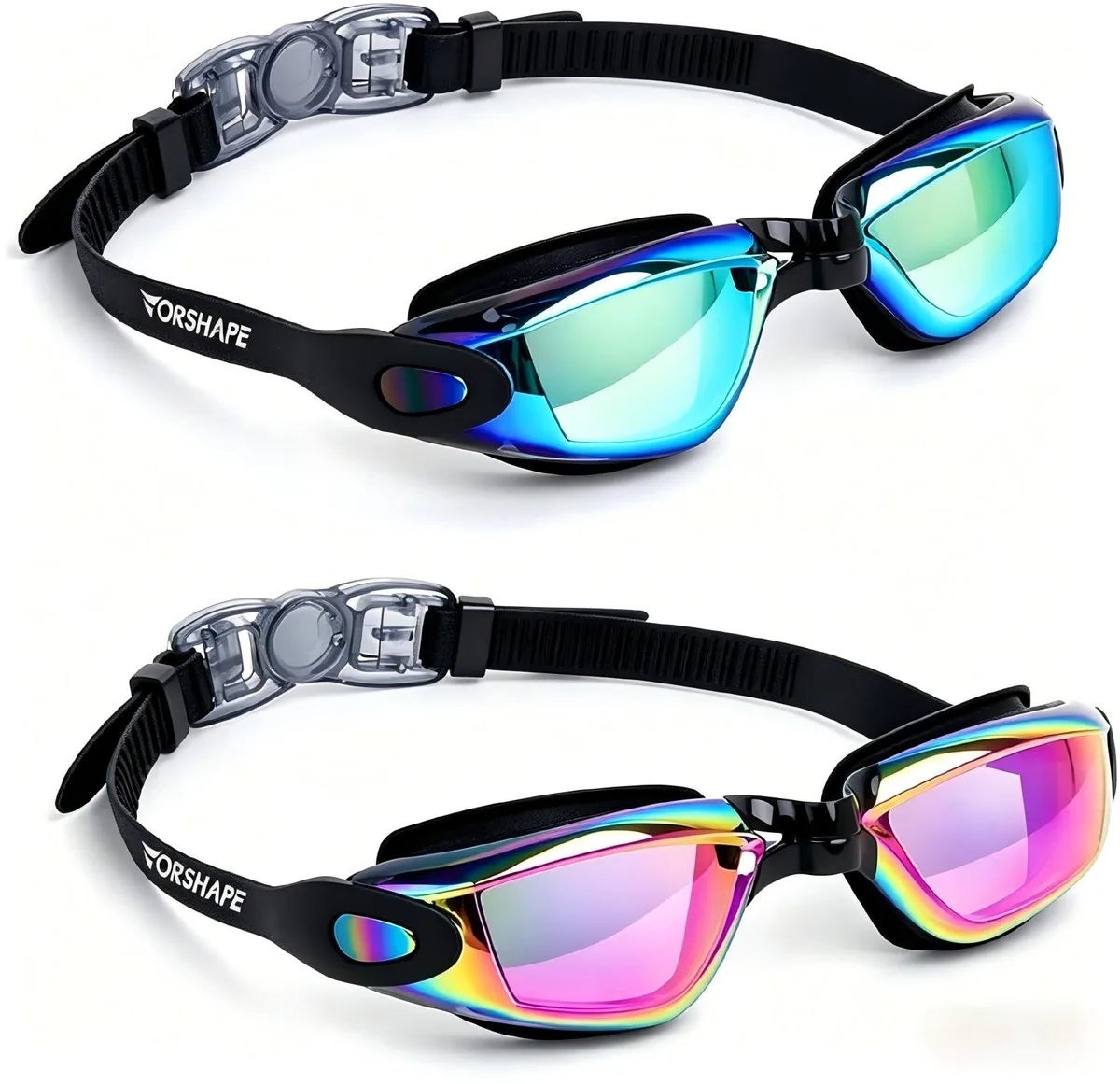 Pair of black polycarbonate swim goggles with mirrored lenses and silicone straps