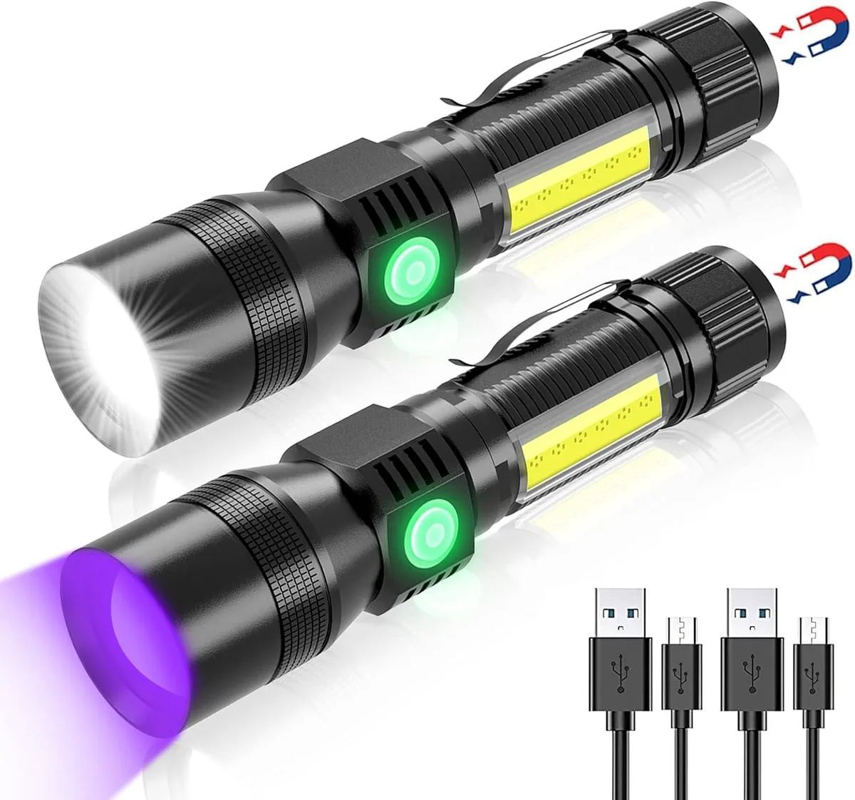 Two compact aluminium flashlights with pocket clips and magnetic tail caps, matte dark finish