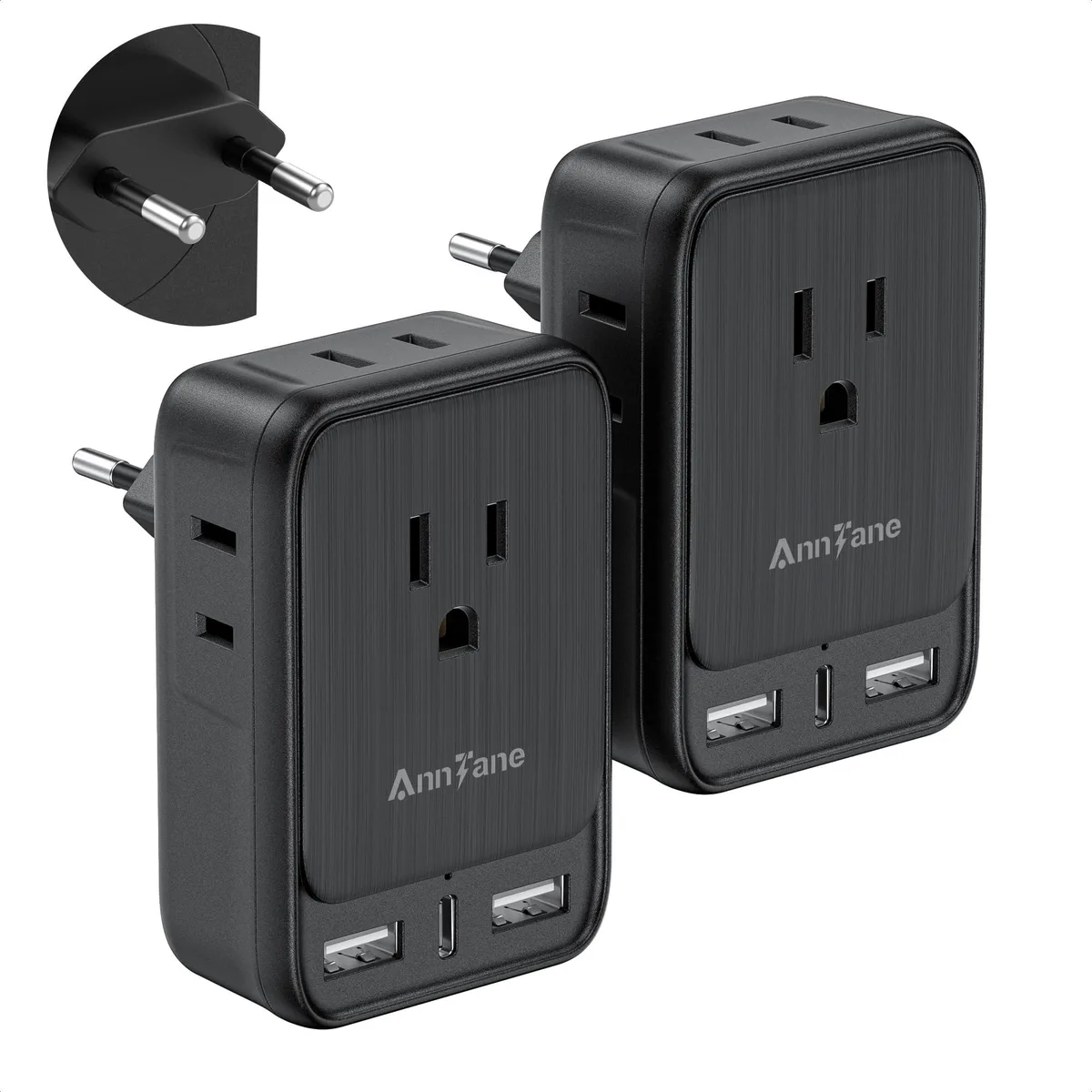 Black rectangular travel adapter with Type C plug, four AC outlets and three USB ports
