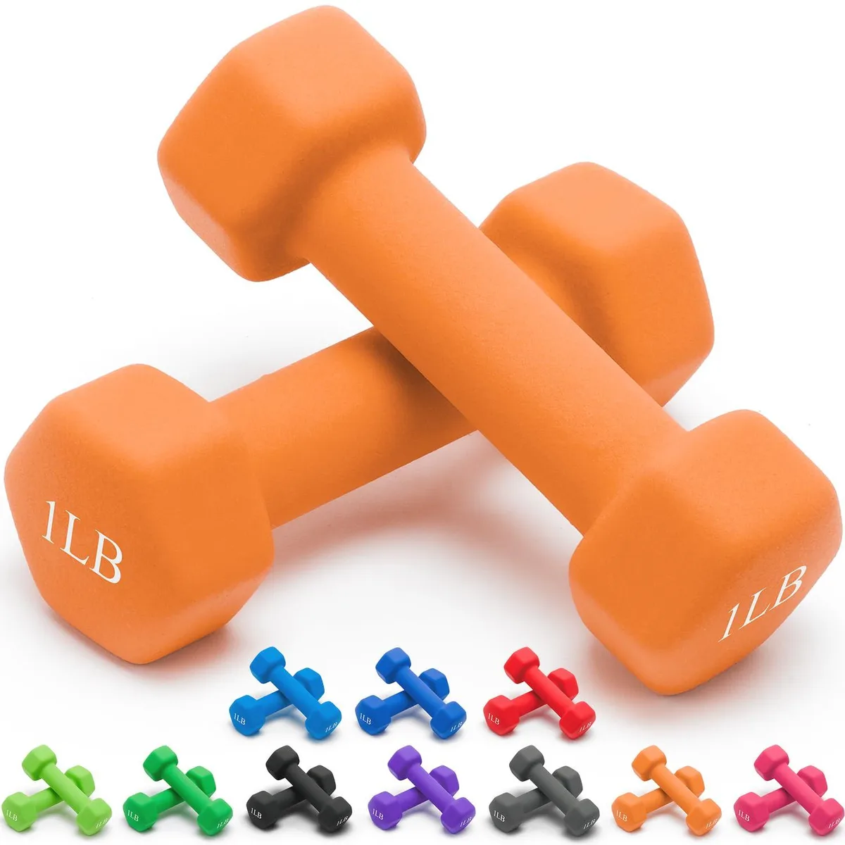Pair of orange neoprene dumbbells with hexagonal heads and ergonomic handles