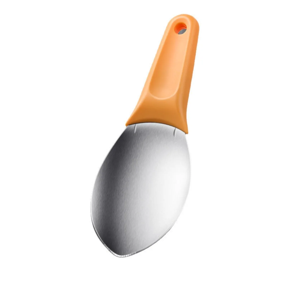 Three stainless steel mango splitter spoons, curved scoop with serrated edge and pointed tip, multi-colour handles