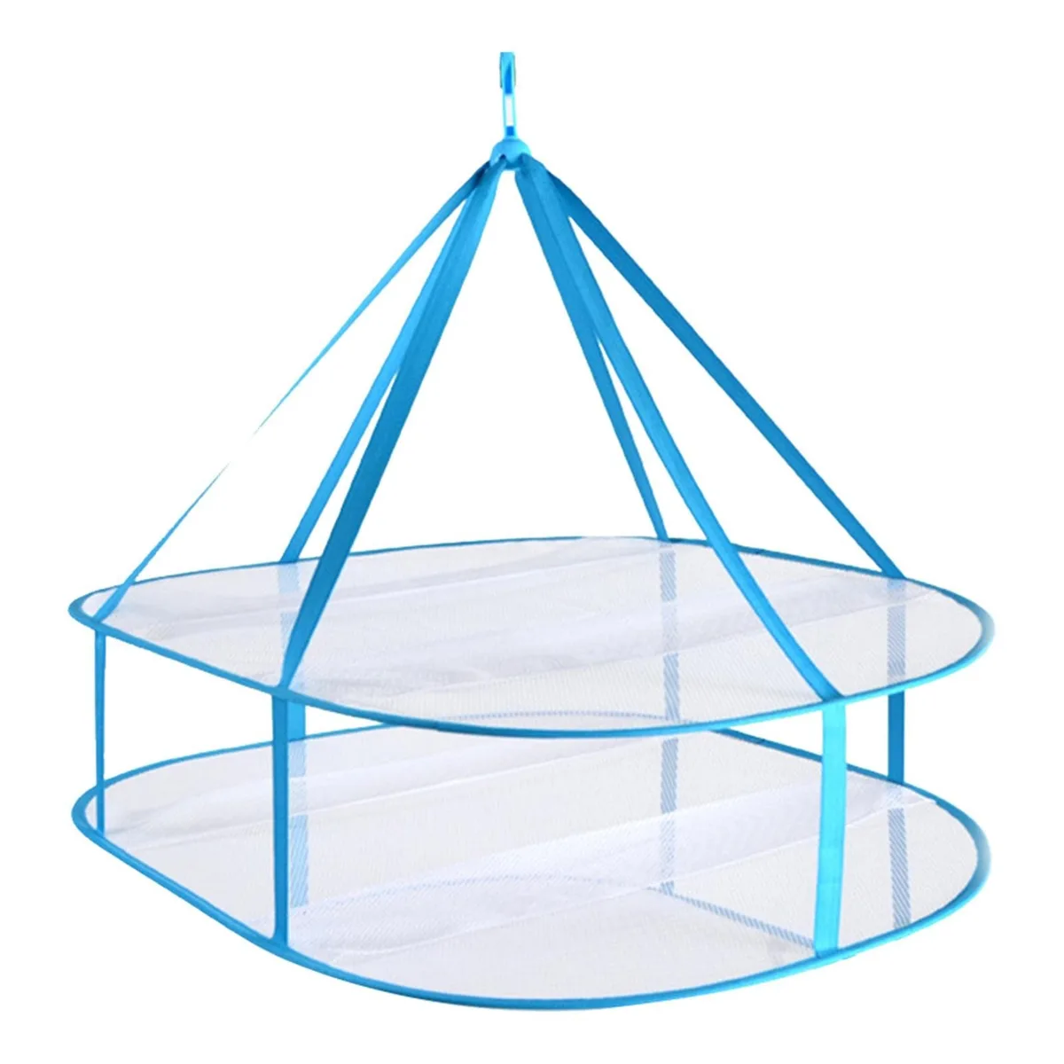 Blue two-tier mesh drying rack with stainless steel frame, foldable design, 78x61x60cm