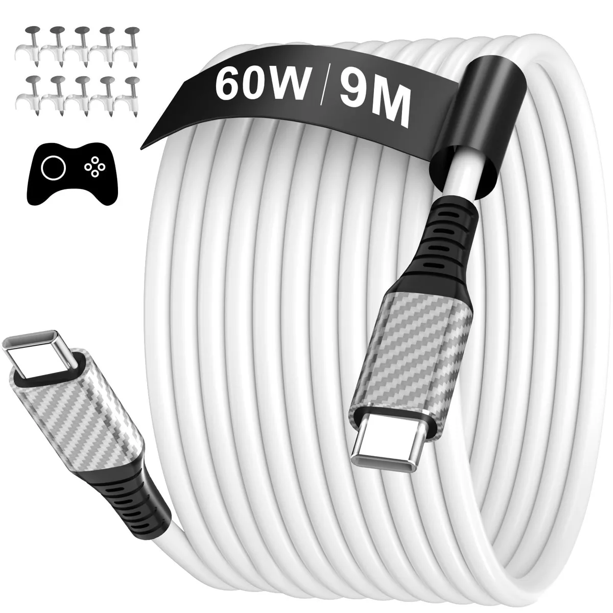 Orange USB-C to USB-C cable coiled on white surface, 30 ft length