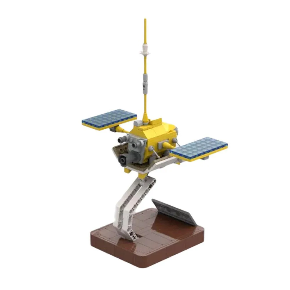 Multi-colour plastic space probe model with solar panels and base, 327 pieces
