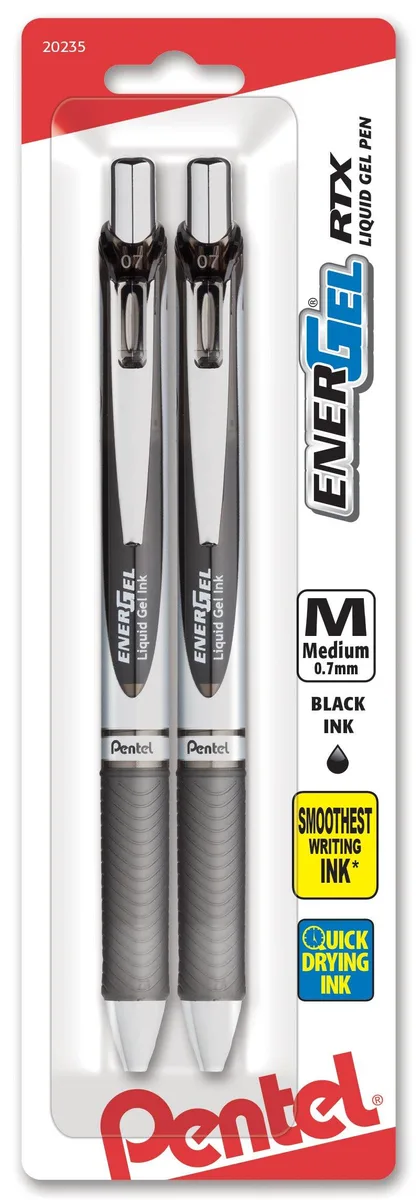 Two black retractable gel pens with metal tips and ribbed grips