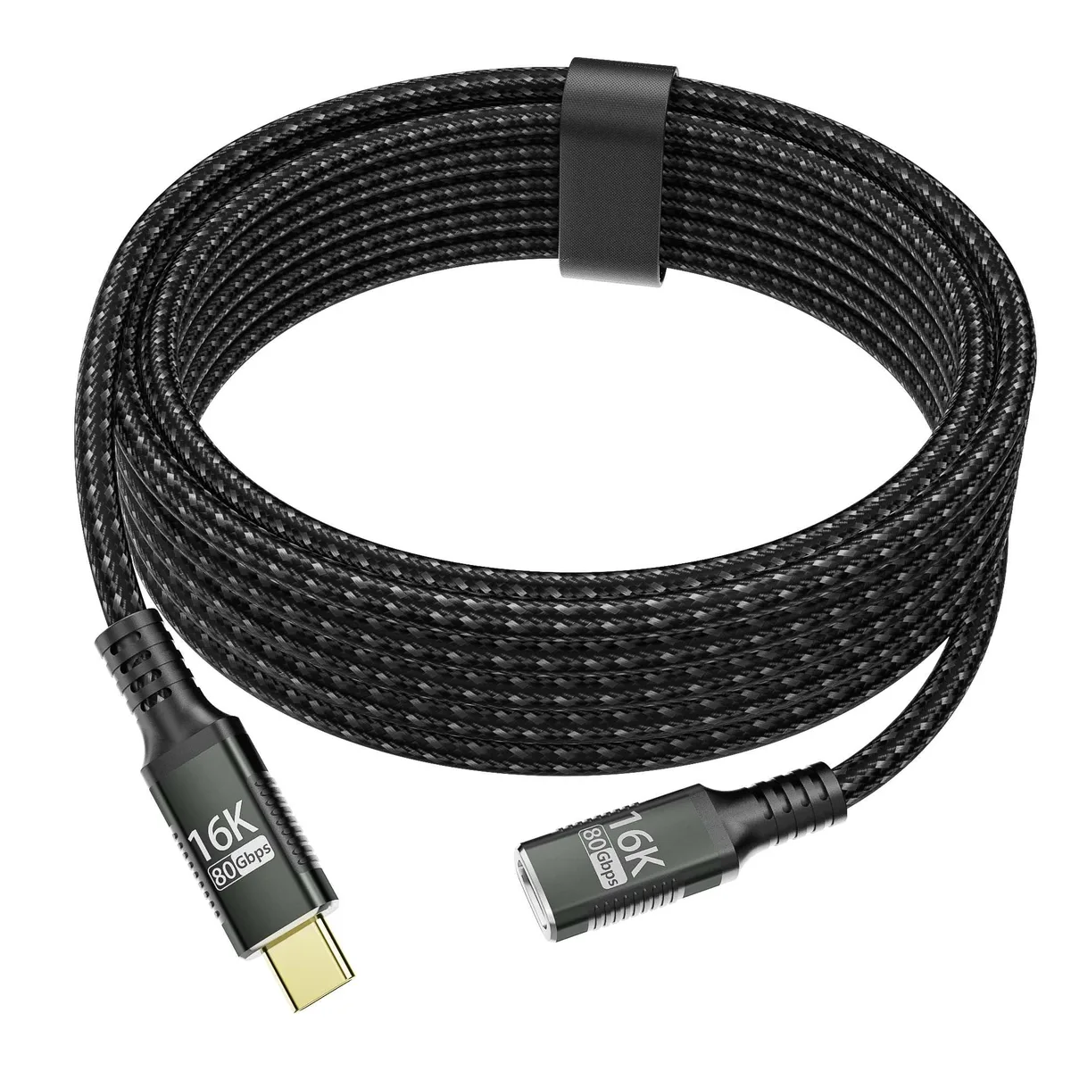 Nylon-braided USB-C male-to-female extension cable, 2 m, 24-pin connectors, gold-plated contacts