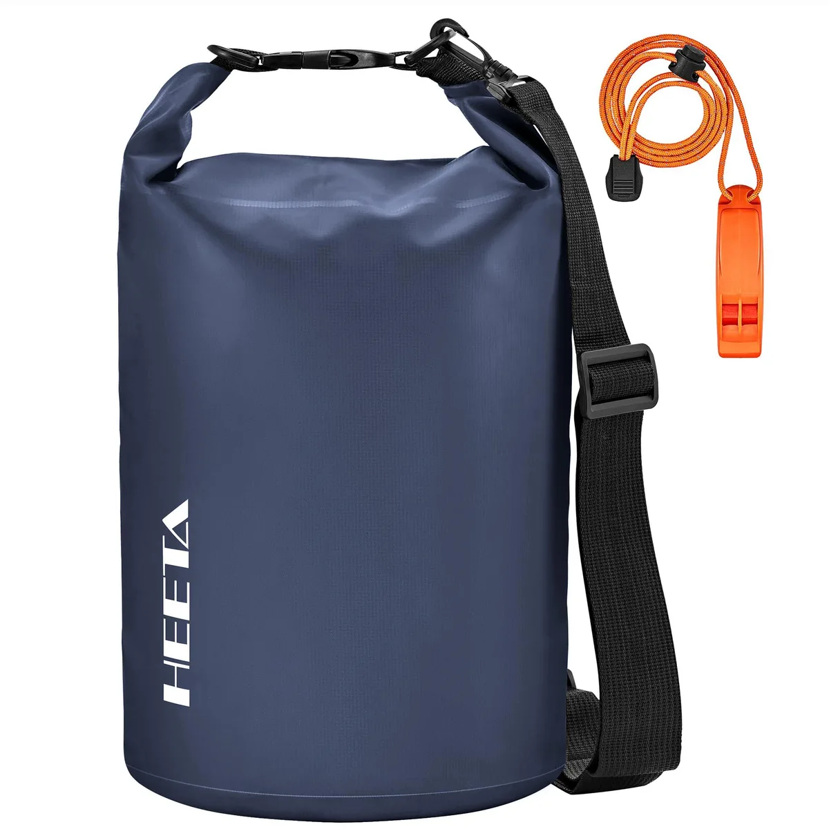 Dark blue cylindrical dry bag with rolled top and single shoulder strap