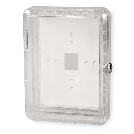 Off-white plastic thermostat guard with clear cover and mounting hardware