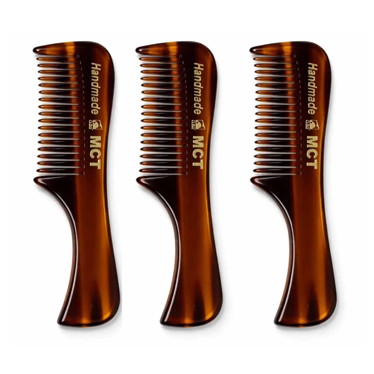 Three tortoise-shell cellulose acetate pocket combs, fine saw-cut teeth, hand-polished finish