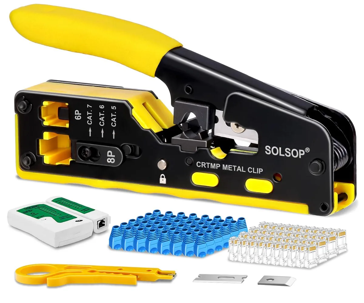  Solsop Crimper Kit 28 RJ45 Pass-Through Crimping Tool Kit with Tester, 50 Connectors, 50 Boots — product photo