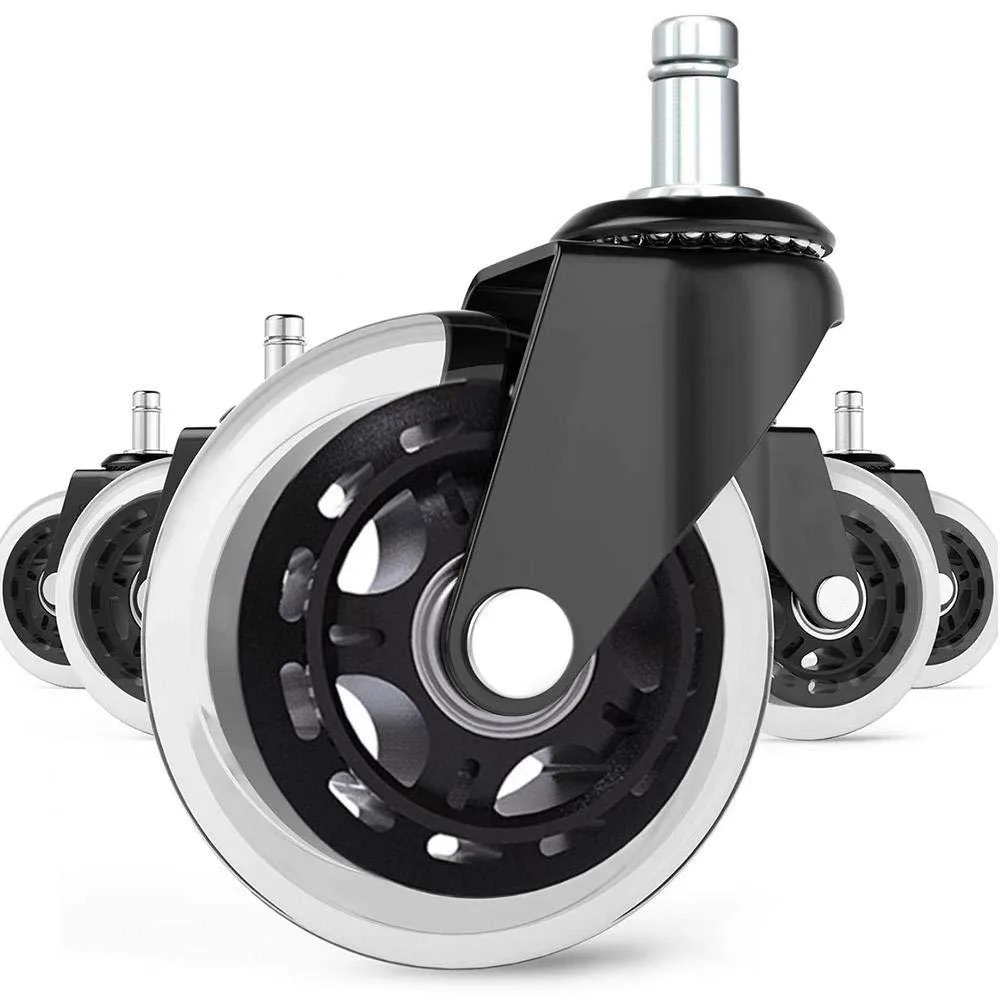 Set of five black stem-mount caster wheels with polyurethane coating
