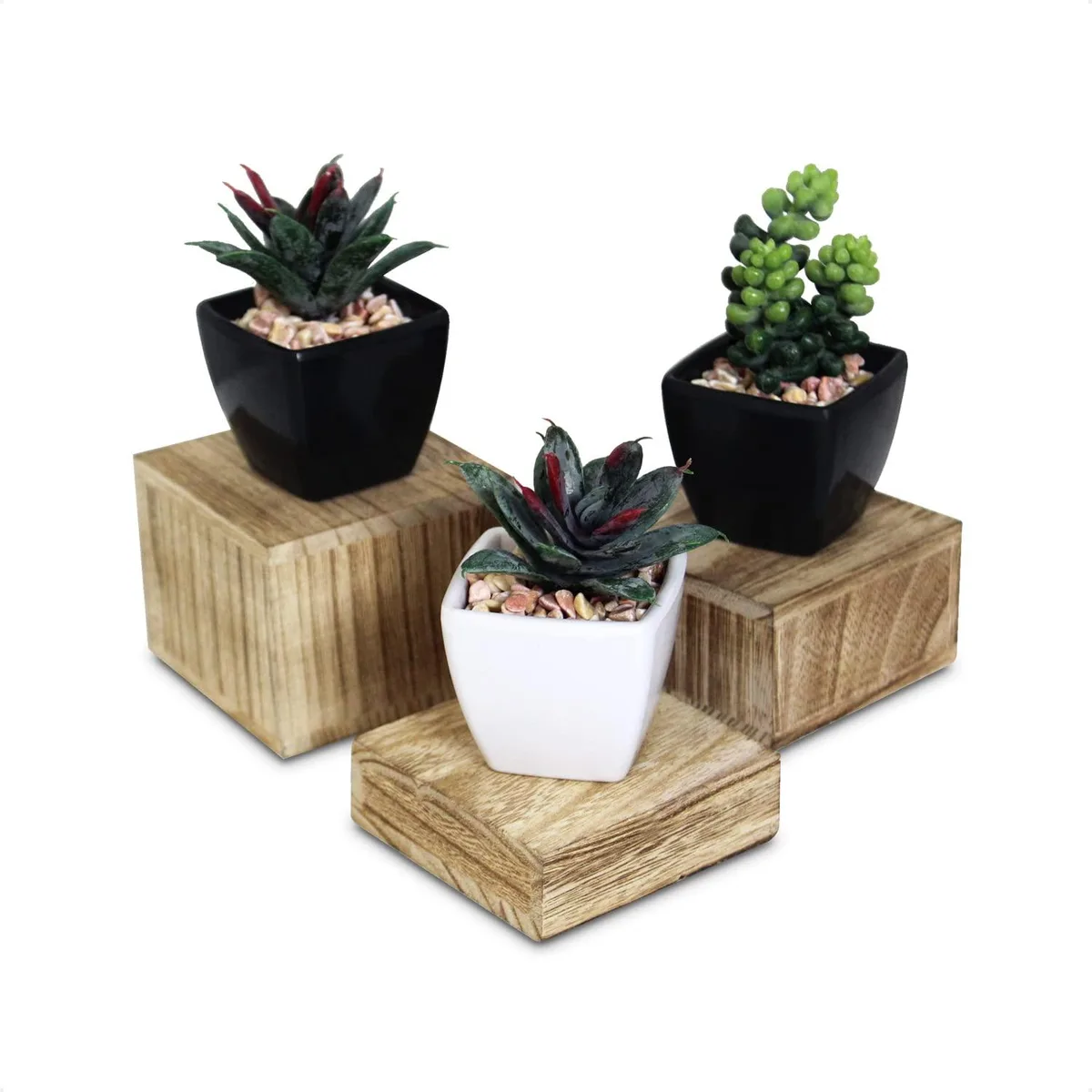 Three square wooden risers in oak finish, graduated heights, lightweight construction