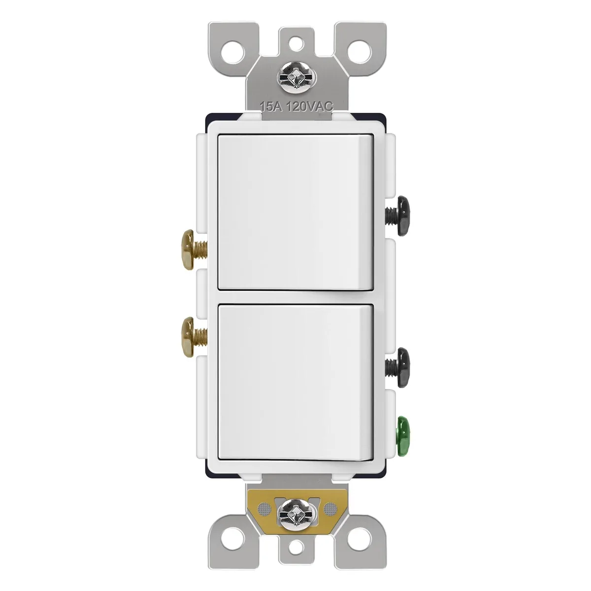 White double rocker wall switch, two rectangular paddles, smooth glossy finish