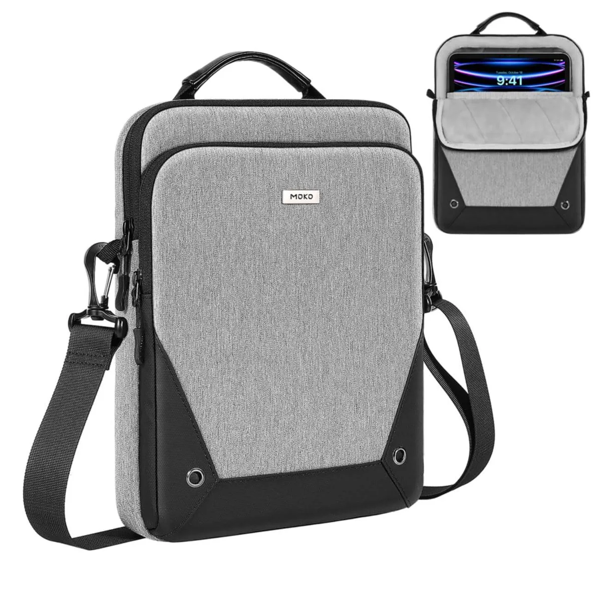 Black tablet sleeve with handle and detachable strap, polyester faux leather finish, water resistant, fits 9 to 11 inch devices