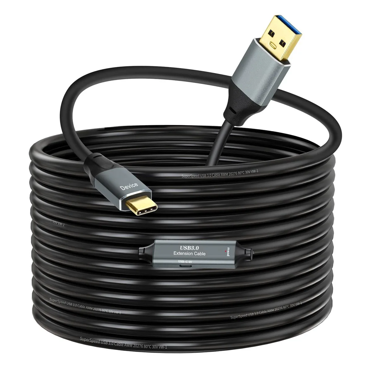 Black USB 3.0 Type-A to Type-C cable, 20ft long, male-to-male connectors