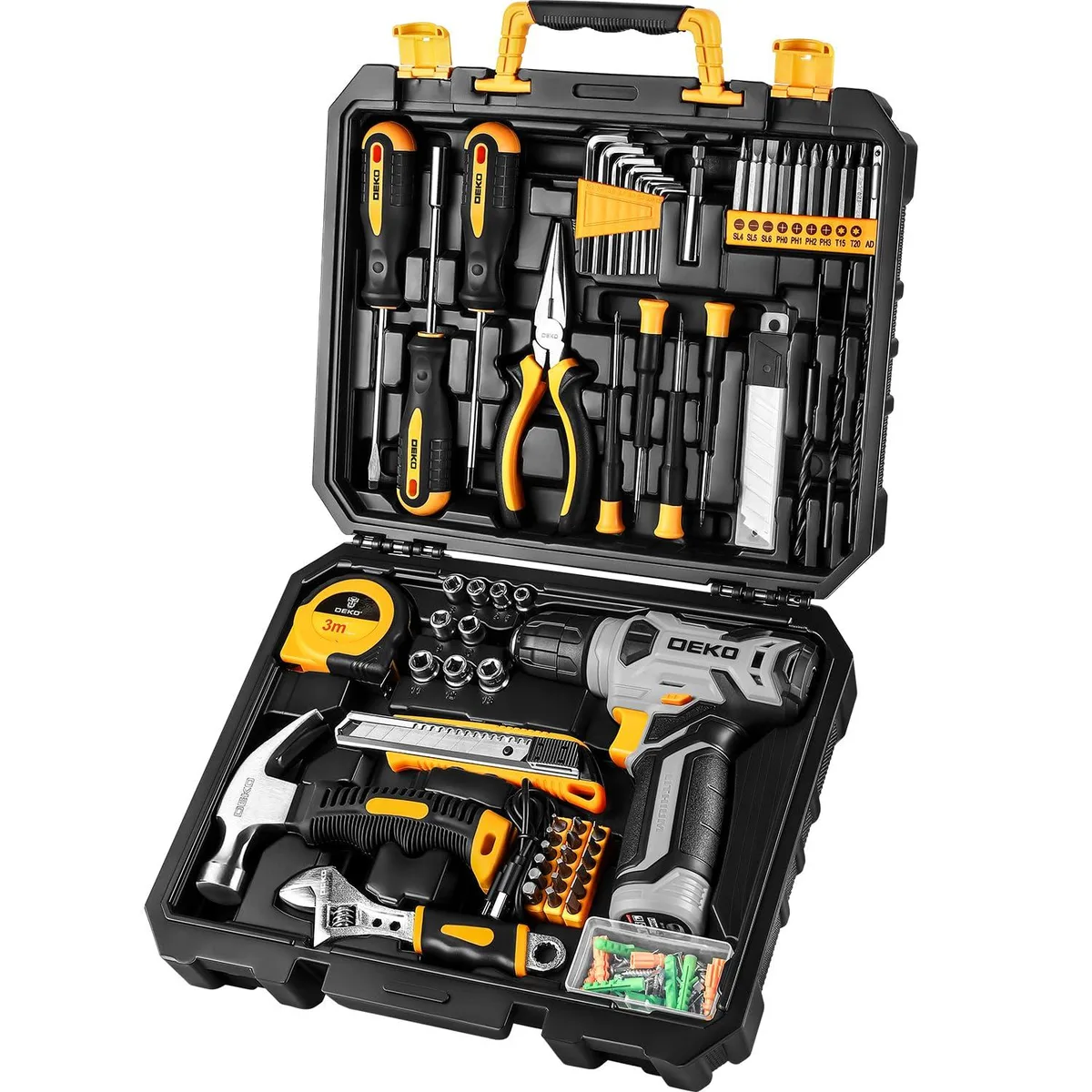 Yellow 8V cordless drill in 126-piece tool kit with case