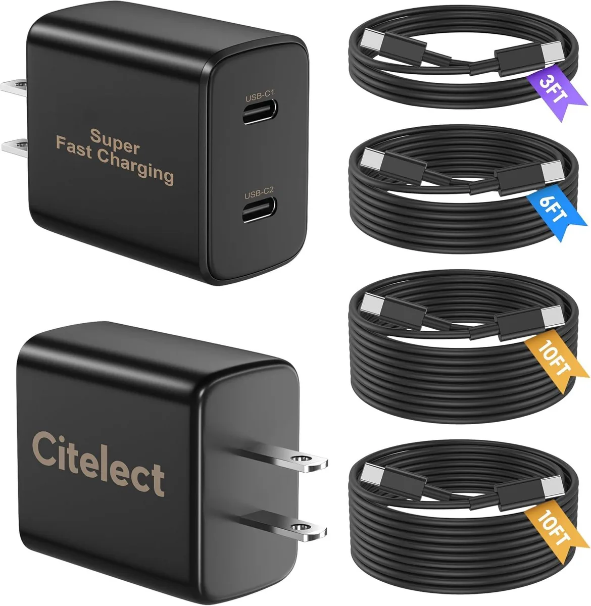 Elestur Elestur 2-Pack USB-C Charger 35W Dual Port with 3/6/10/10ft Cables Black — product photo