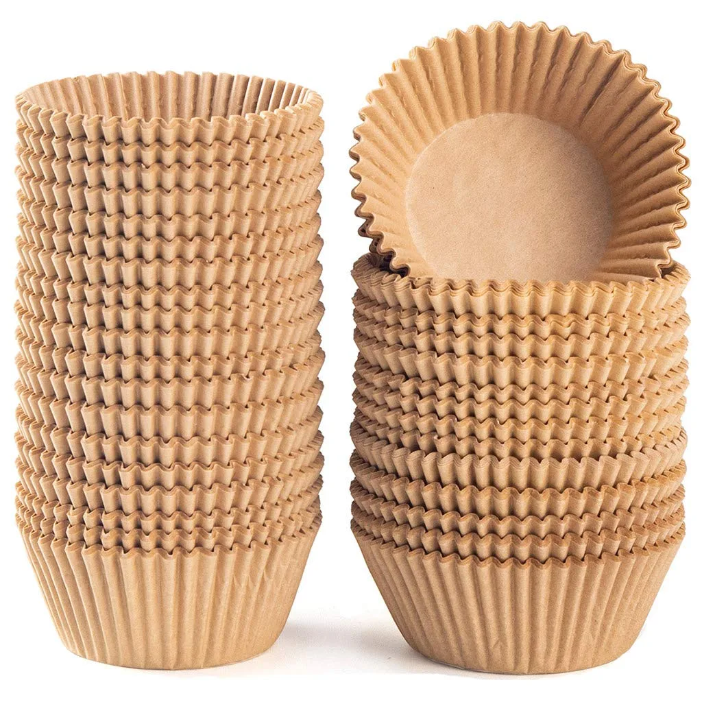 Stack of 500 white paper baking cups in plastic container
