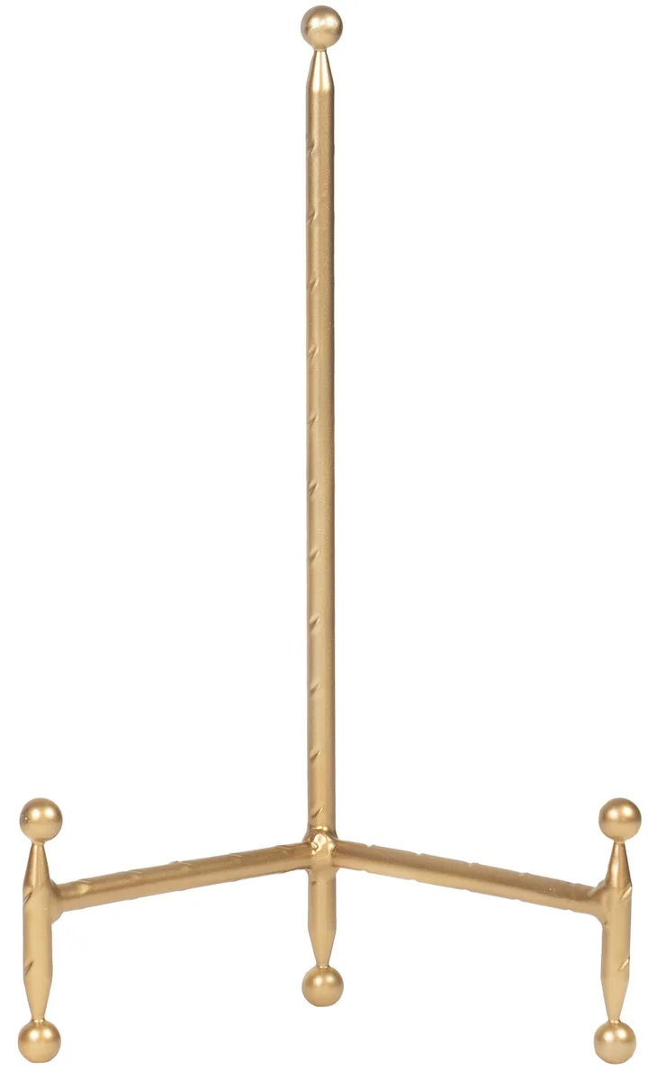 Gold-finish metal tripod easel stand with ball-tipped legs, 11.5 inches high