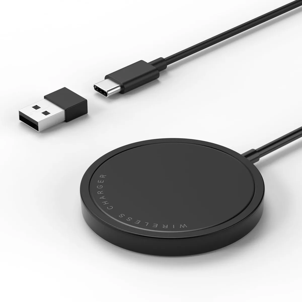 Black magnetic wireless charging pad with 1.2m USB-C cable and USB-A adapter