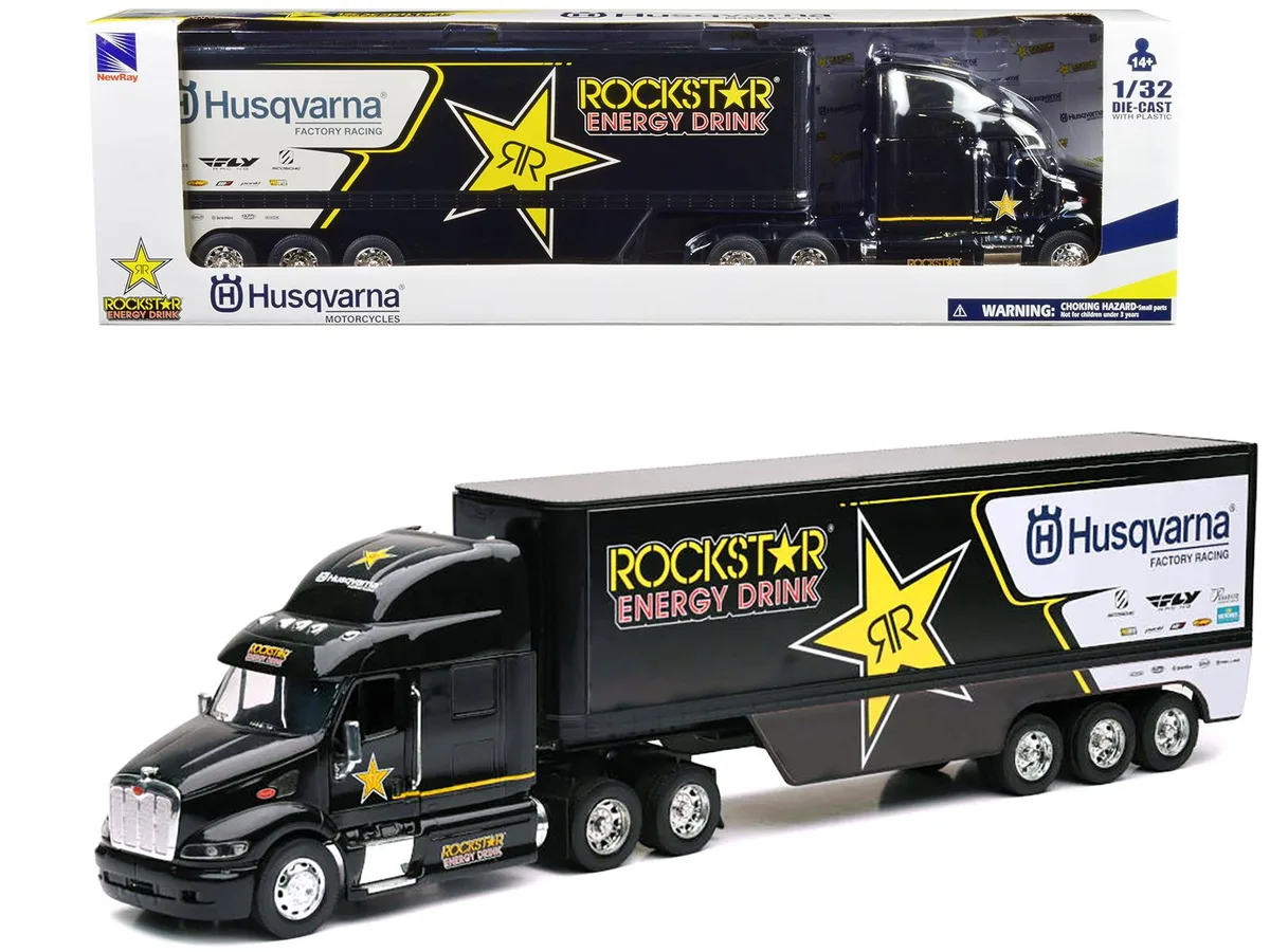 New Ray Toys New Ray Toys Peterbilt 387 Semi-Truck Black Rockstar Husqvarna 1/32 Diecast — product photo