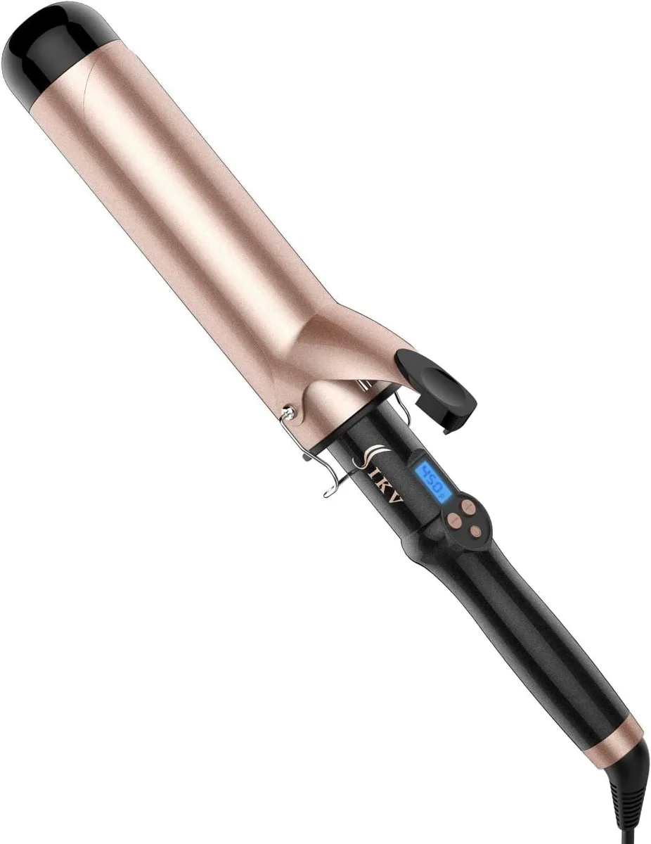 Large silver curling iron with extra-long barrel and digital display