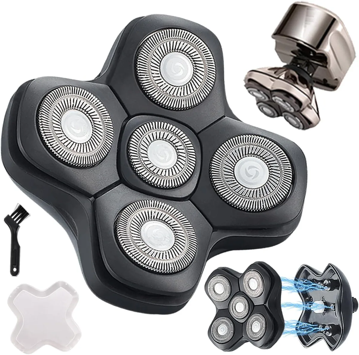 Silver circular 5-blade shaver head with magnetic base and protective cover