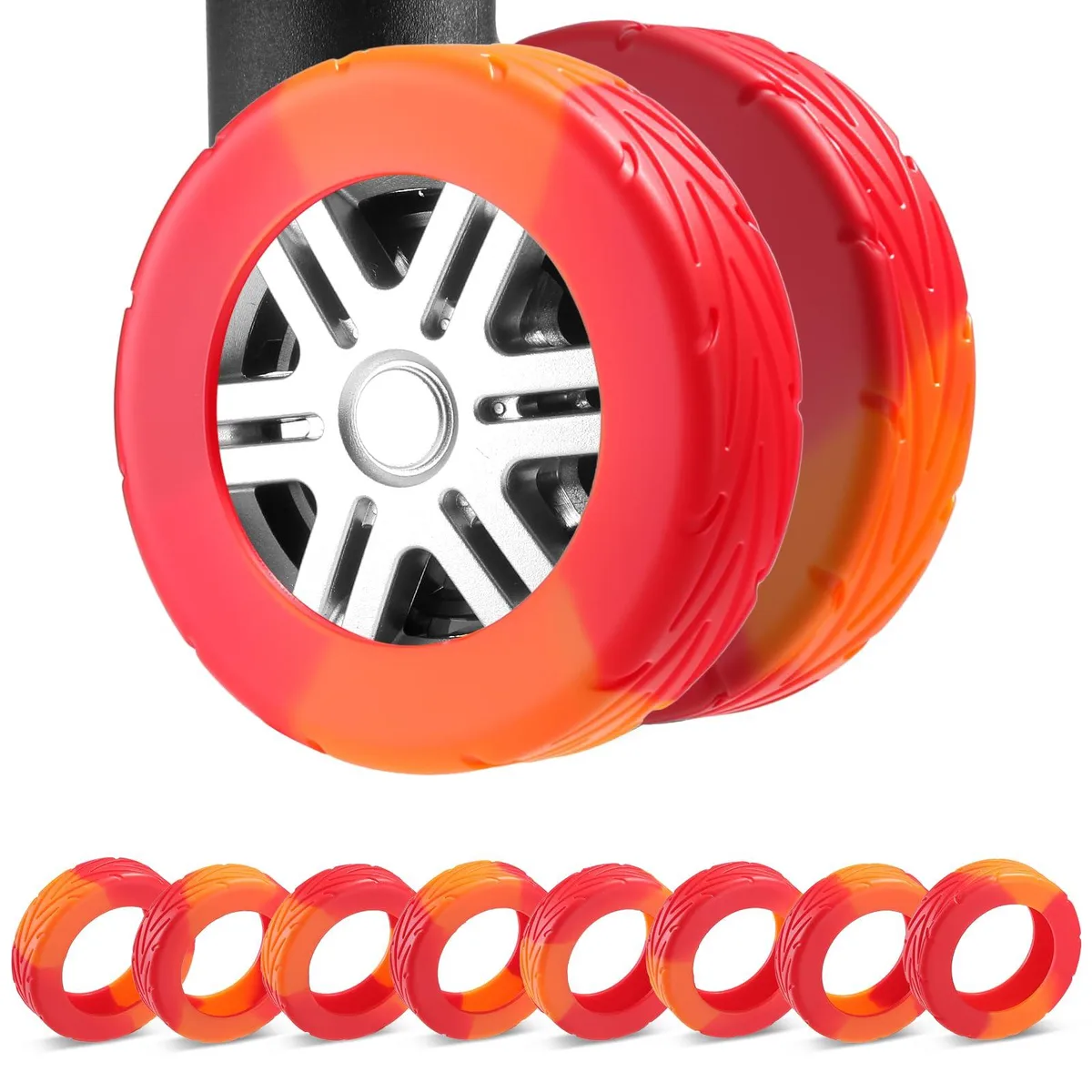 Eight bright red-orange silicone wheel covers in a set