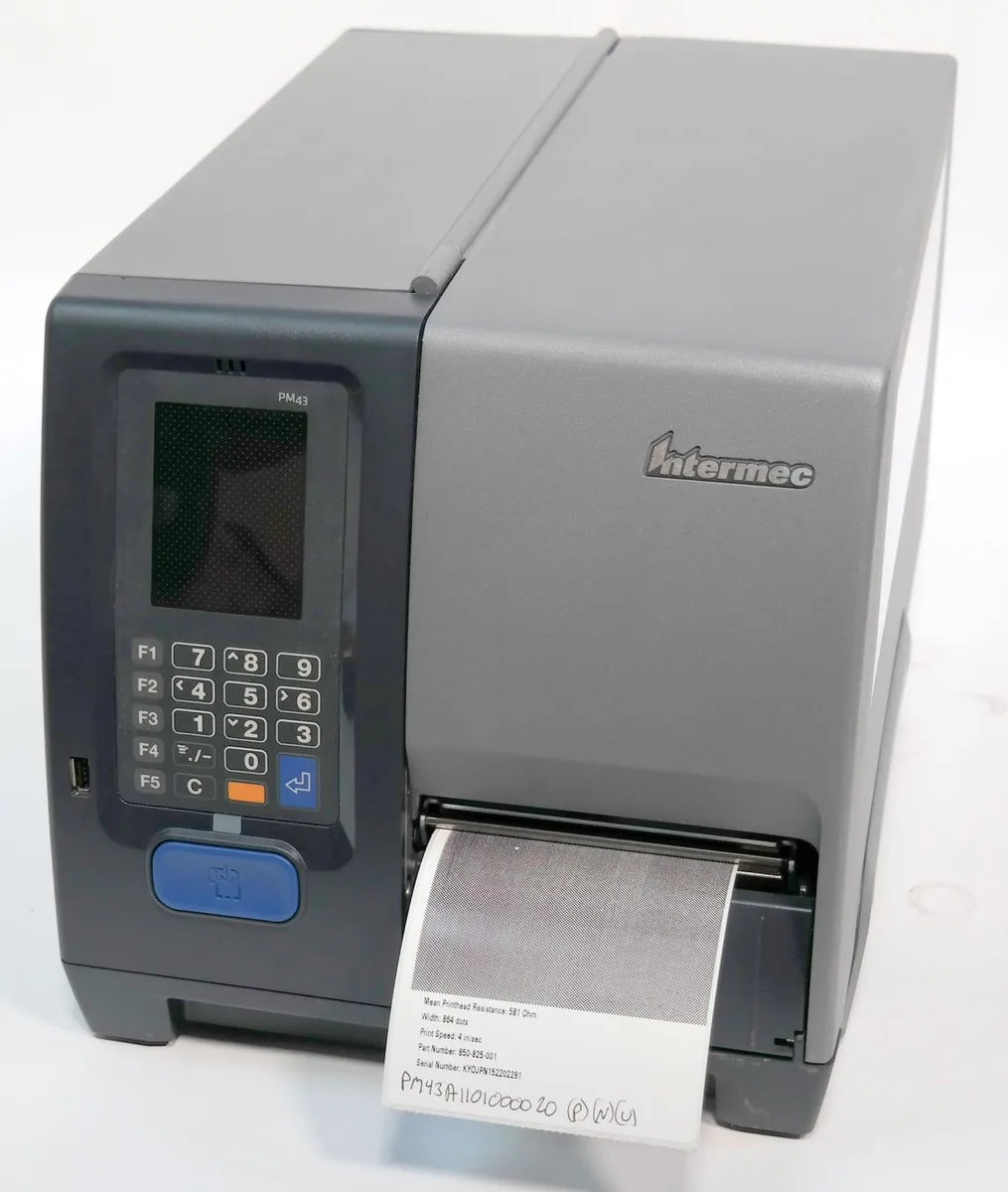 Rectangular industrial barcode printer in grey and black with front media window