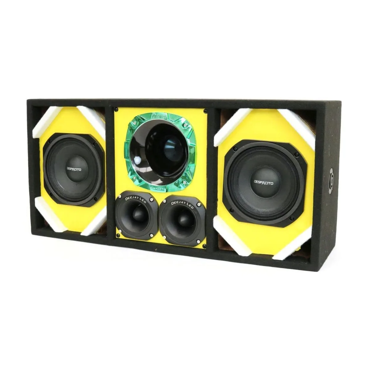 Yellow loaded speaker box with two 6-inch woofers, horn and two bullet tweeters