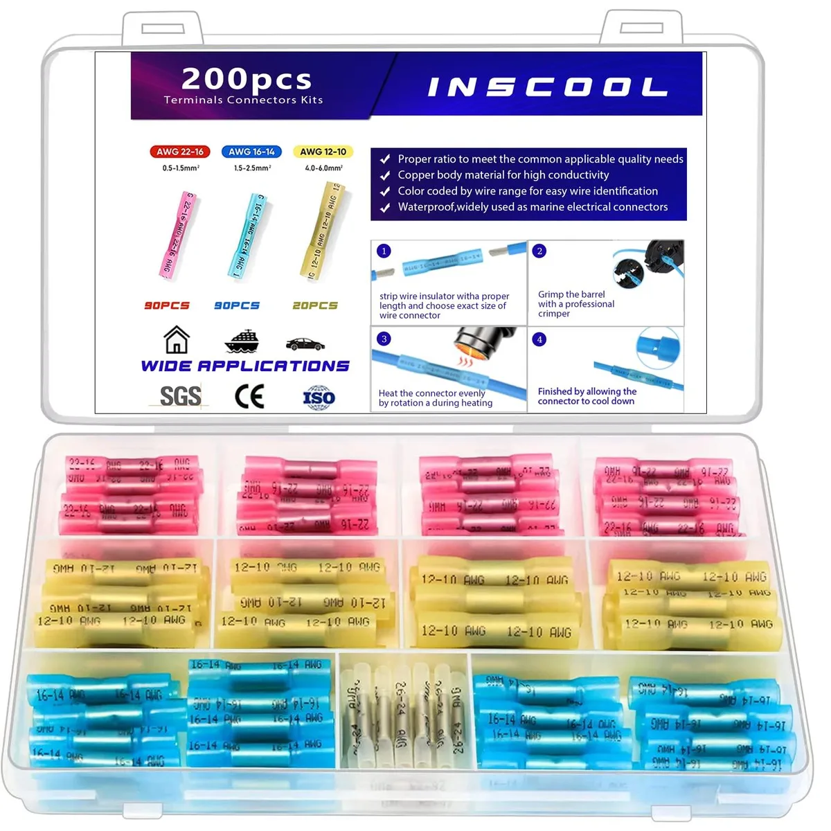 INSCOOL Heat Shrink Butt Connector Kit 200pcs Red Blue Yellow UL Listed — product photo