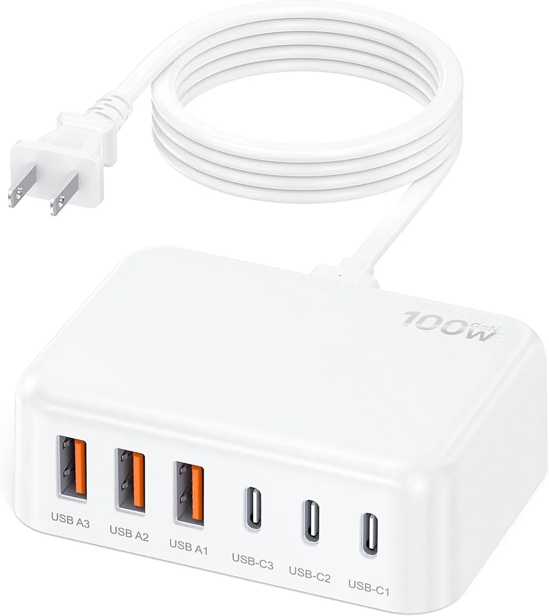  BOVICAS HNT-PC606 6-in-1 USB Charger 100W 3 USB-C 3 USB-A A-White — product photo