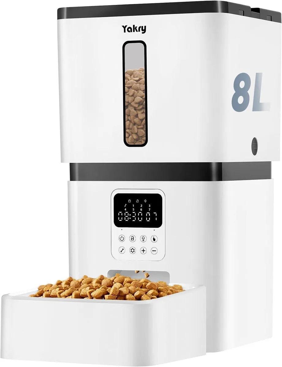 White automatic pet feeder with large hopper, digital display, and lockable lid