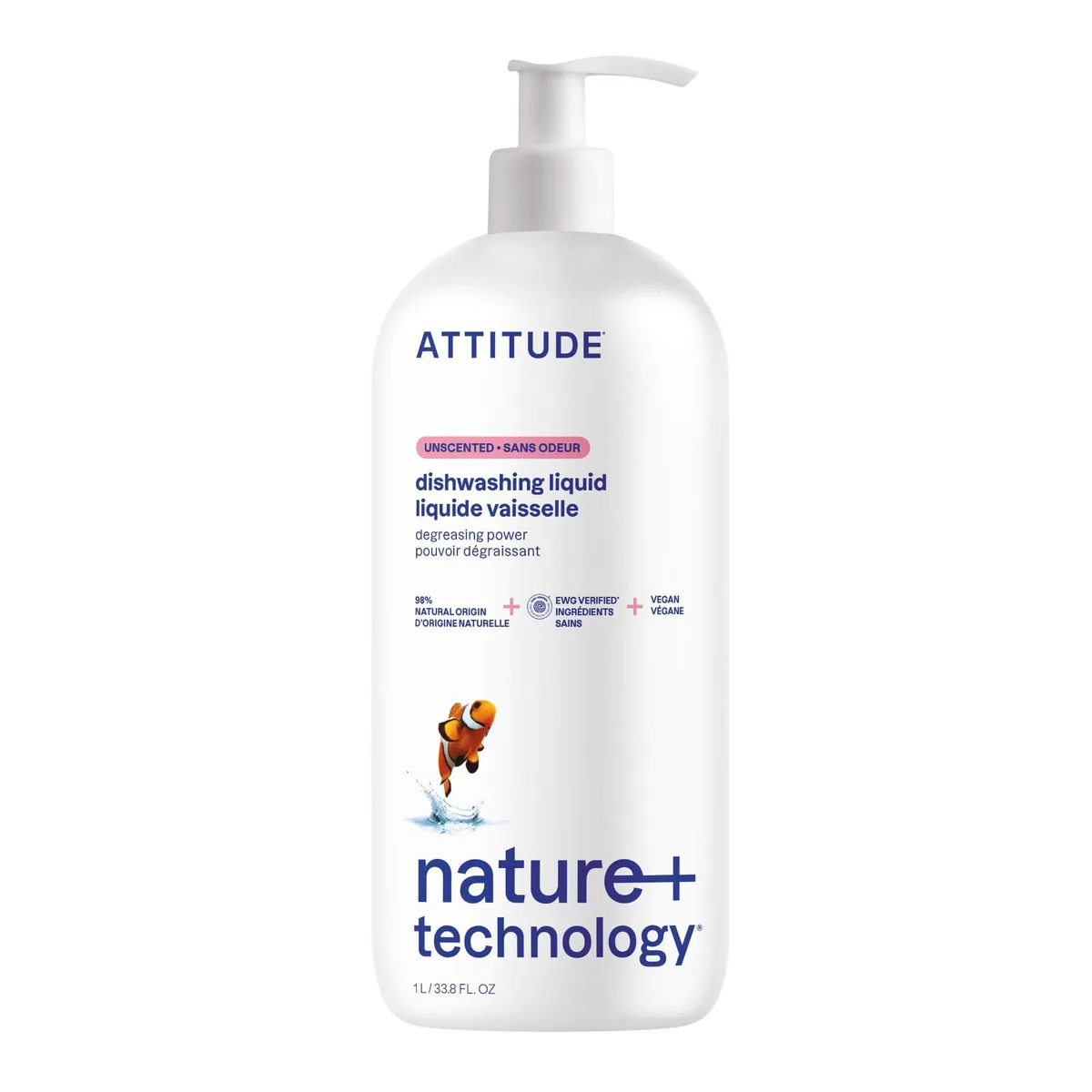 Clear 33.8 fl oz bottle of unscented plant-based dish soap