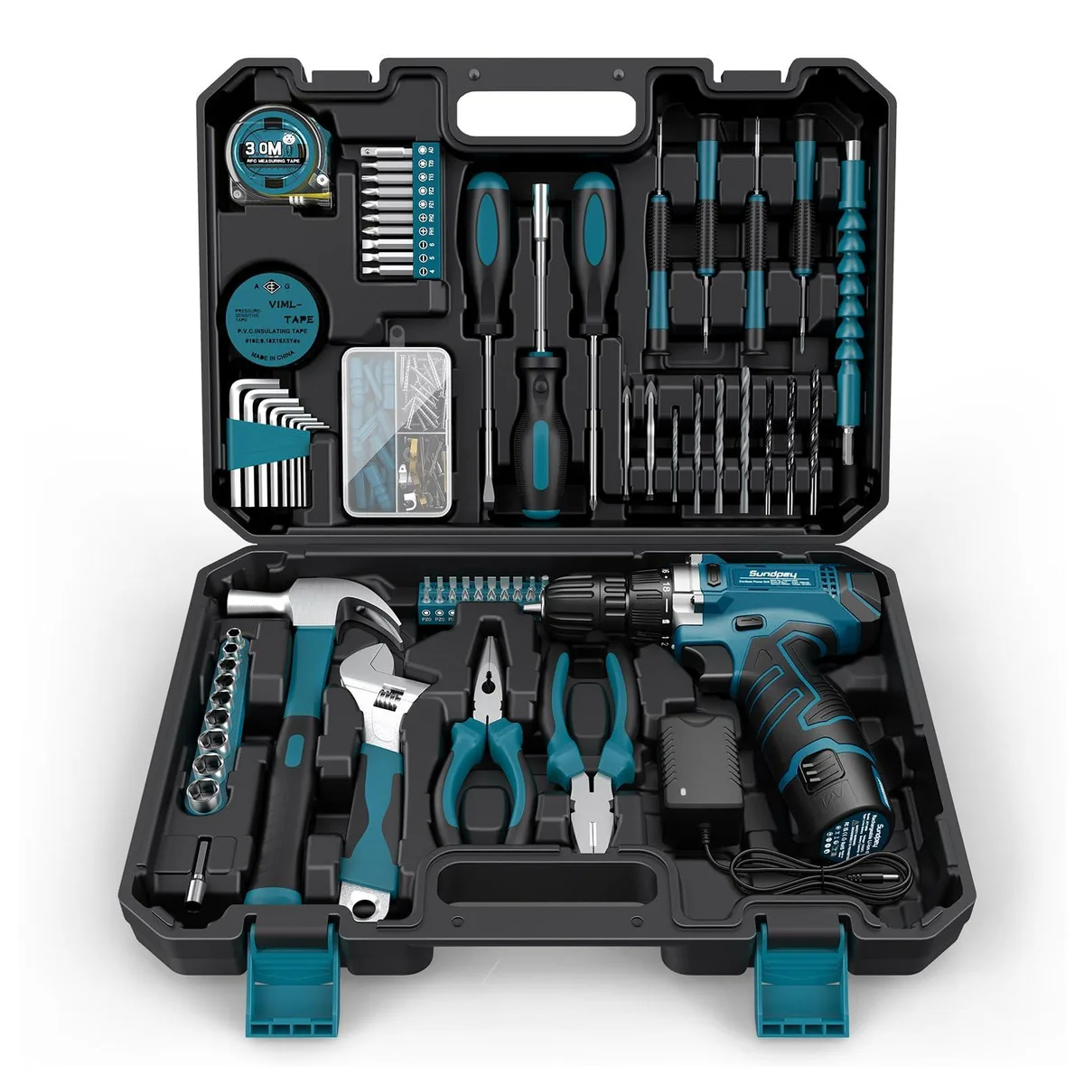 Blue tool case open showing 12V cordless drill and assorted hand tools inside