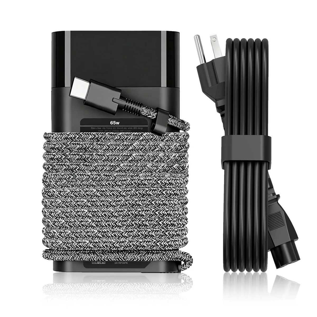 A black rectangular USB-C power adapter with a braided cable and a two-pin EU plug attached