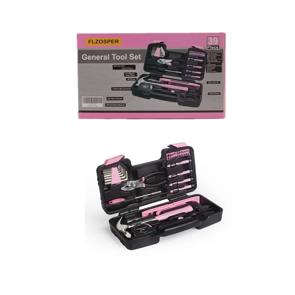 Red 39-piece hand tool set in portable toolbox, includes hammer, pliers, tape measure, screwdrivers, hex keys and bits