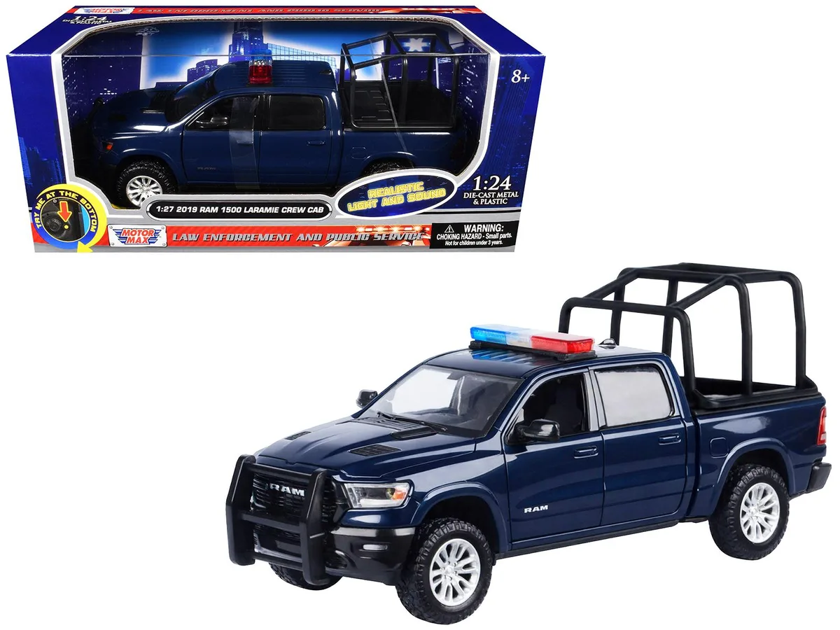 MOTORMAX MOTORMAX 2019 RAM 1500 Laramie Crew Cab Pickup 1/27 Diecast Dark Blue Lights Sounds — product photo