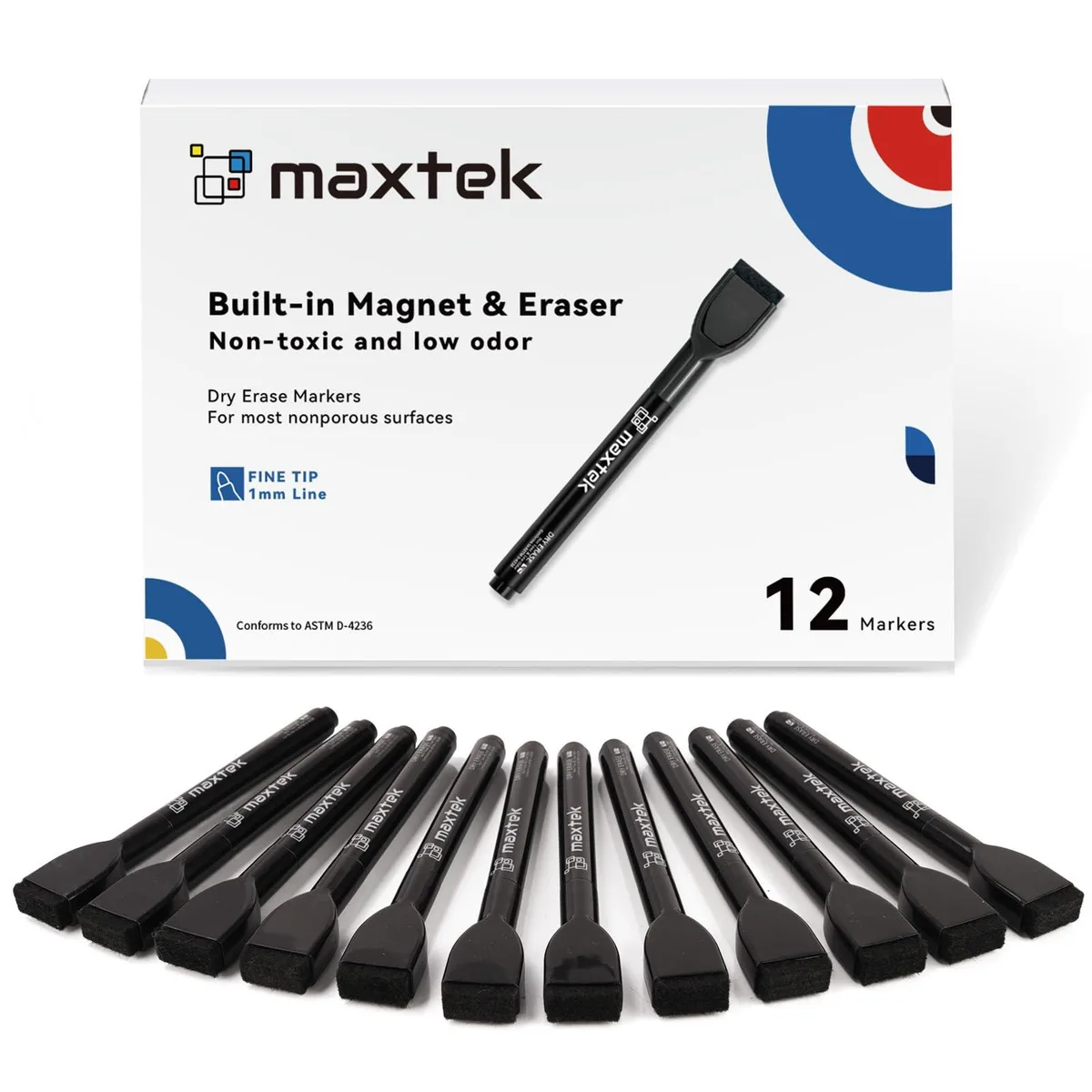 Box of twelve black dry-erase markers with magnetic caps and erasers