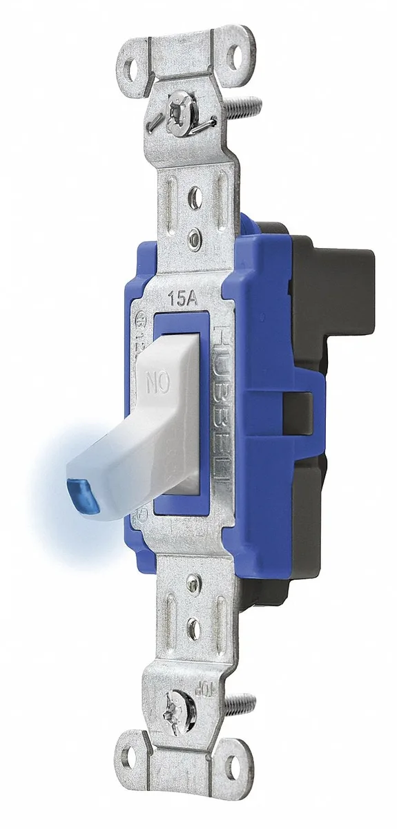 White illuminated toggle wall switch, 15 A, 3-way, thermoplastic housing