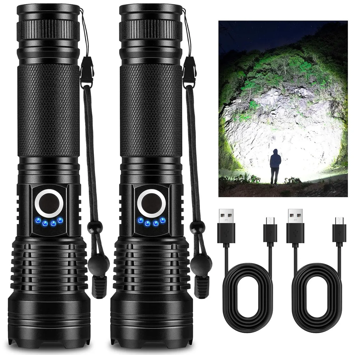 Two cylindrical aluminium flashlights, matte finish, side charging port and four LED indicators