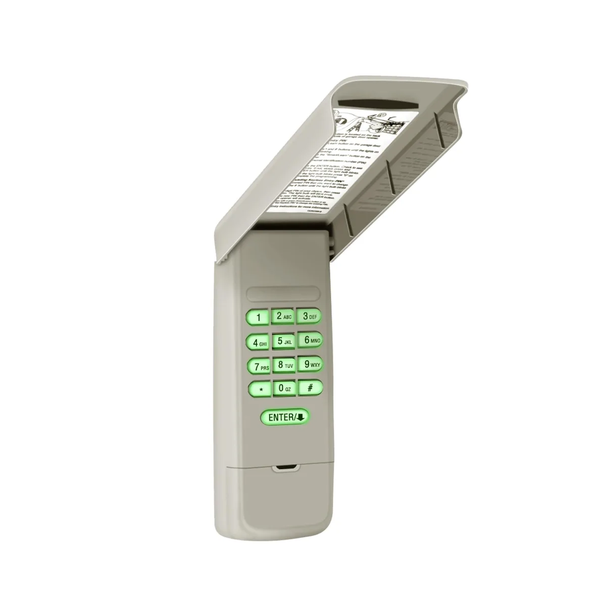 A small rectangular wireless keypad with flip-up cover and backlit buttons, mounted on wall