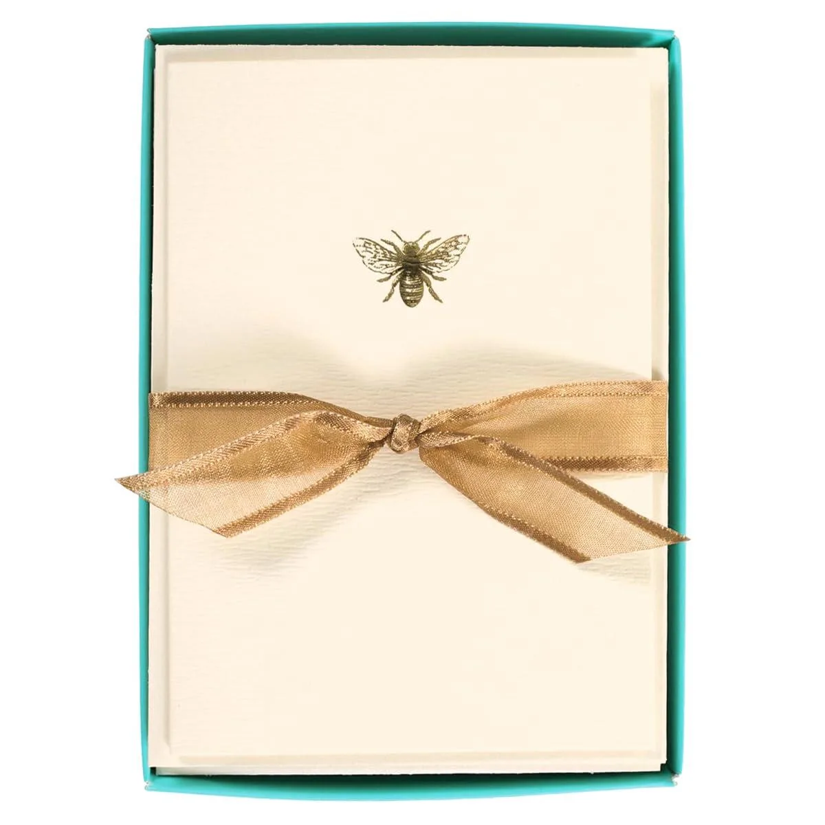 Boxed notecard set with gold foil bee design, teal box, golden ribbon