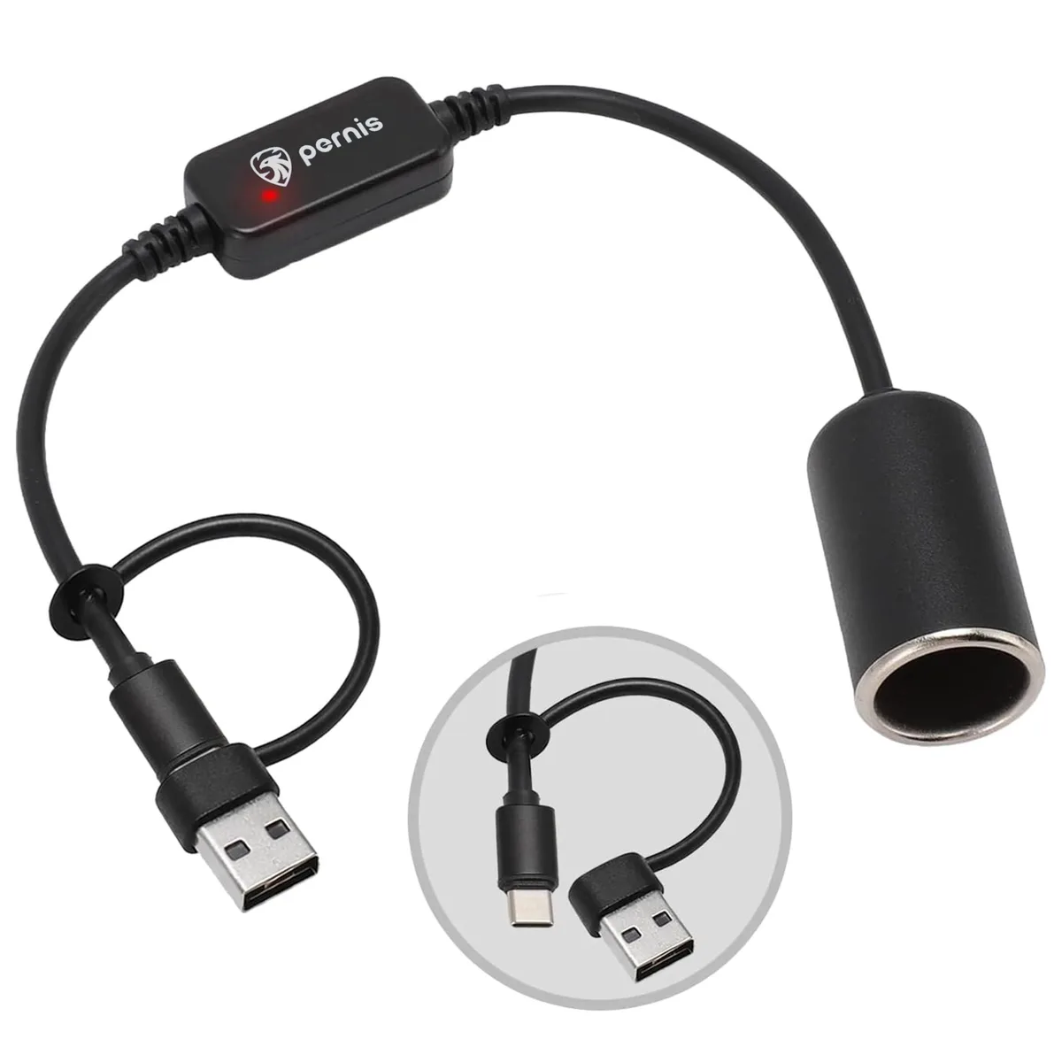 Pernis USB to Cigarette Lighter Adapter 35cm Cable USB A &amp; C 5V Input 12V Output 12W Max — product photo