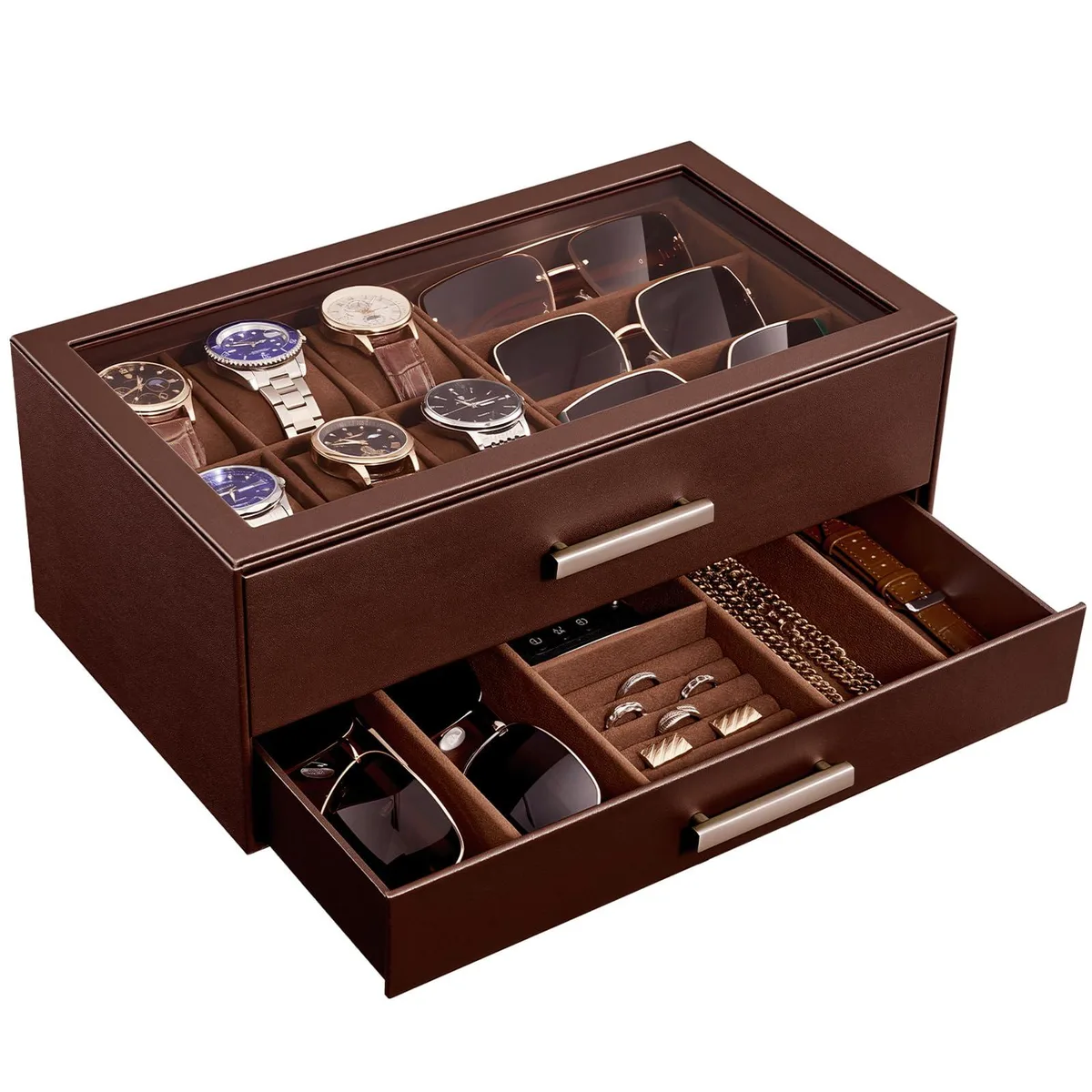 Brown leather watch box with glass top, sliding drawer, six watch pillows and sunglass slots