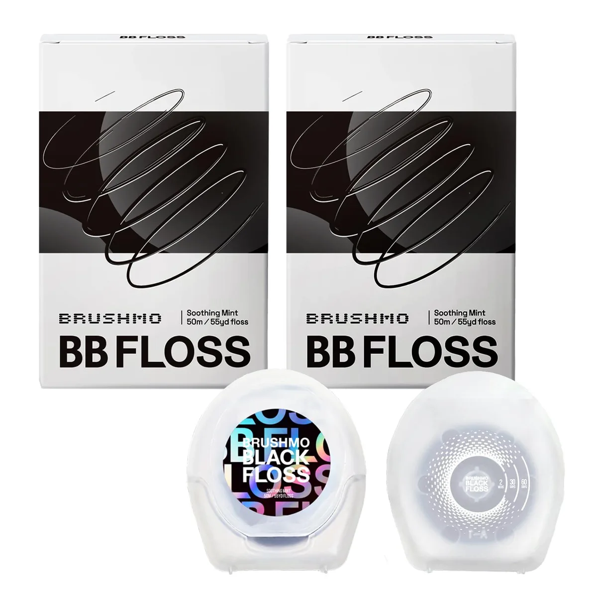 Two white floss dispensers showing black expanding floss, mint flavour, 110 yd each
