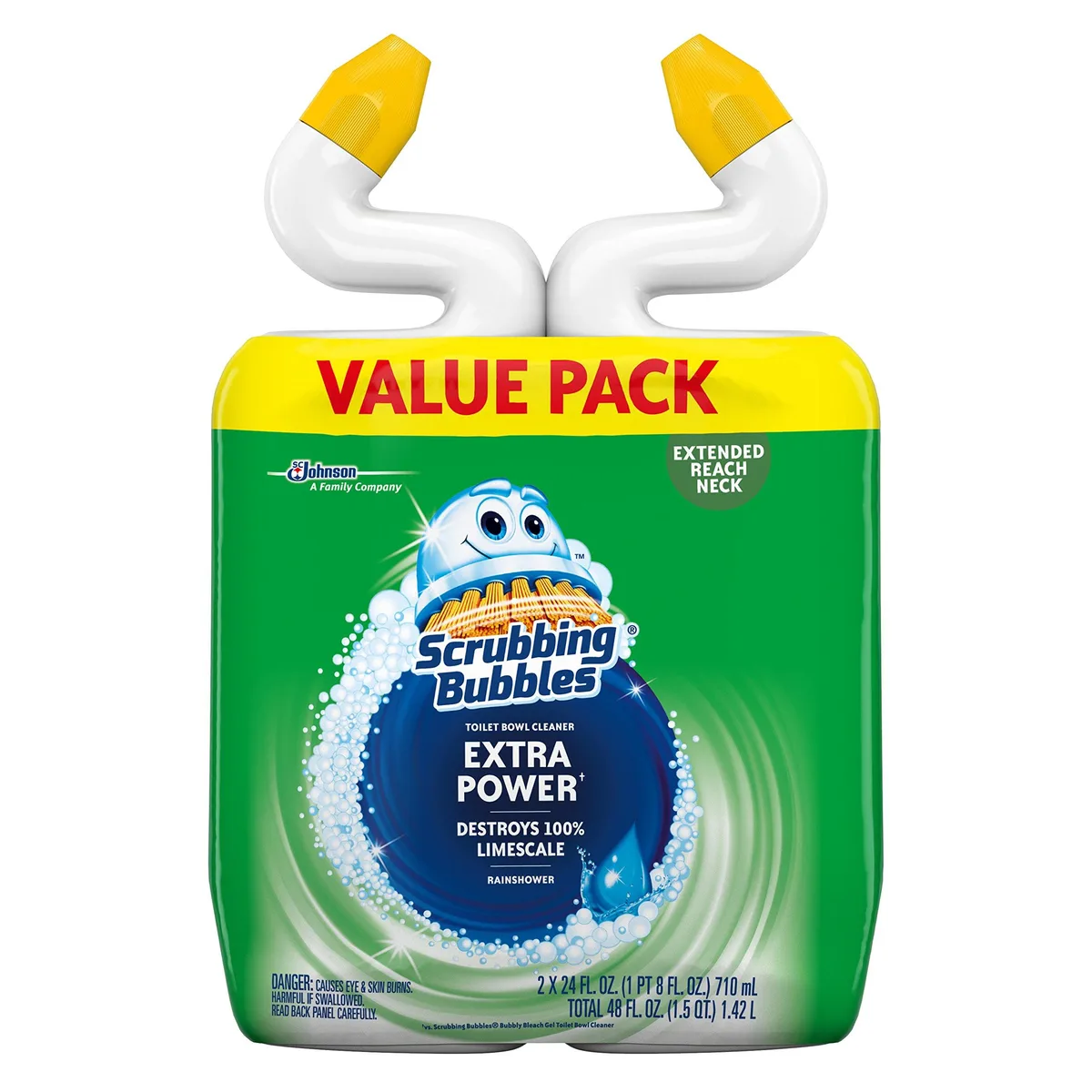 Two 24 oz squeeze bottles of toilet bowl cleaner with extended-reach necks