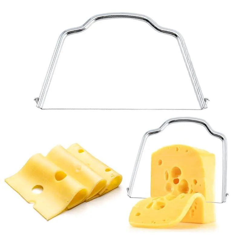 Two stainless steel cheese slicers with wire cutters and ergonomic handles